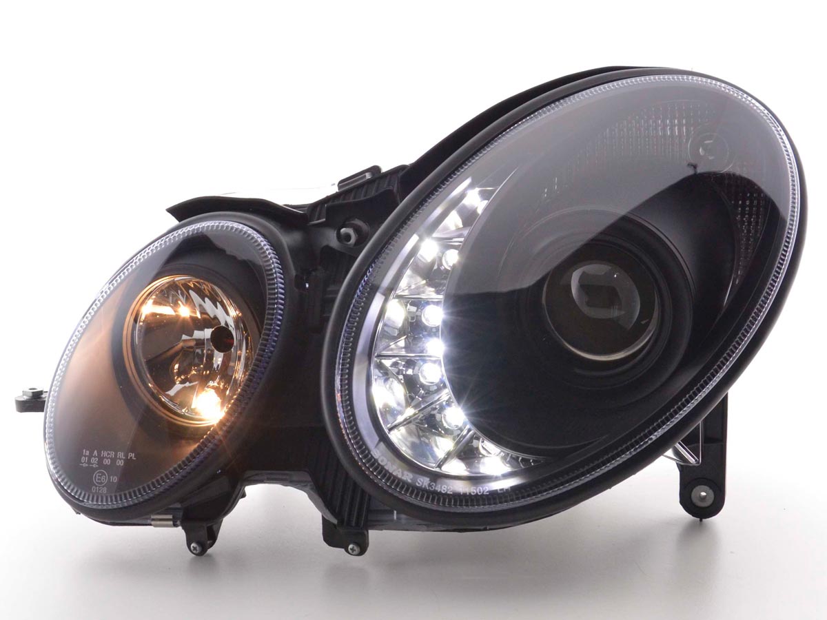 Scheinwerfer Set Daylight LED TFL-Optik Mercedes E-Klasse Typ W211 06-08 schwarz Scheinwerfer Set Daylight LED TFL-Optik Mercedes E-Klasse Typ W211 06-08 schwarz